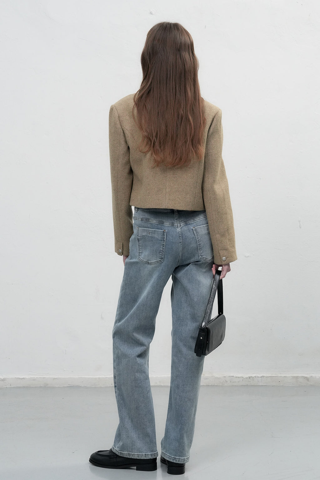 Women's Beige Collarless Wool Jacket with Waist Tie
