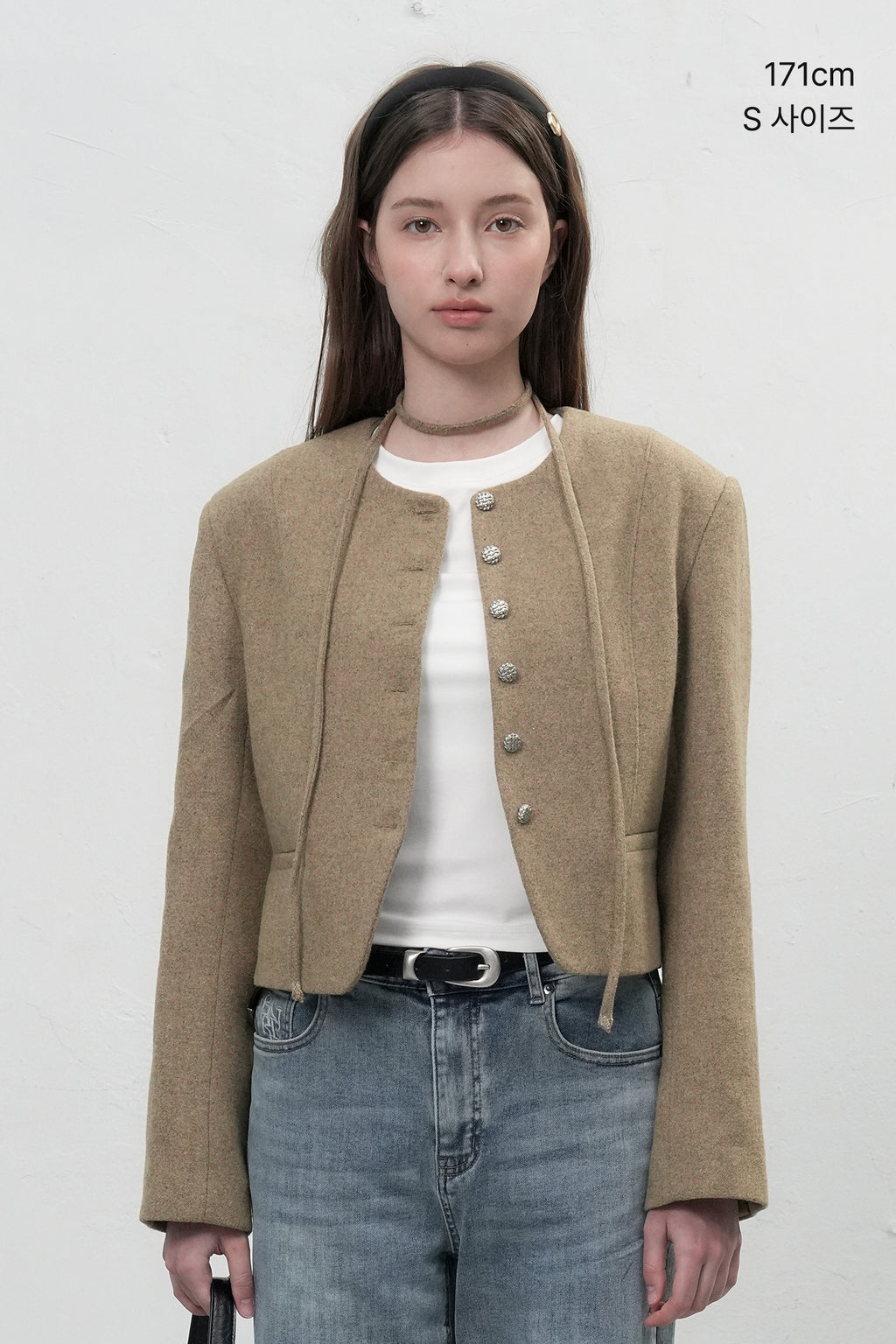 Women's Beige Collarless Wool Jacket with Waist Tie