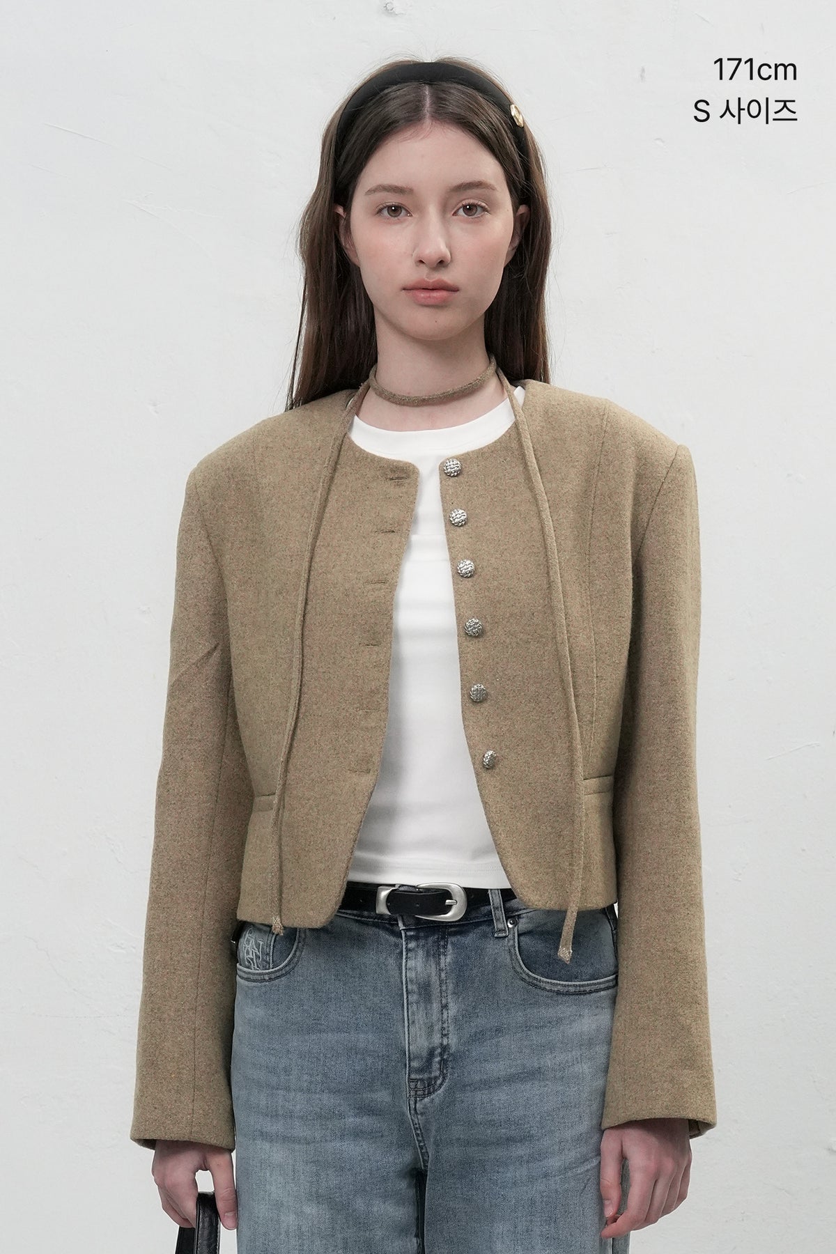 Women's Beige Collarless Wool Jacket with Waist Tie