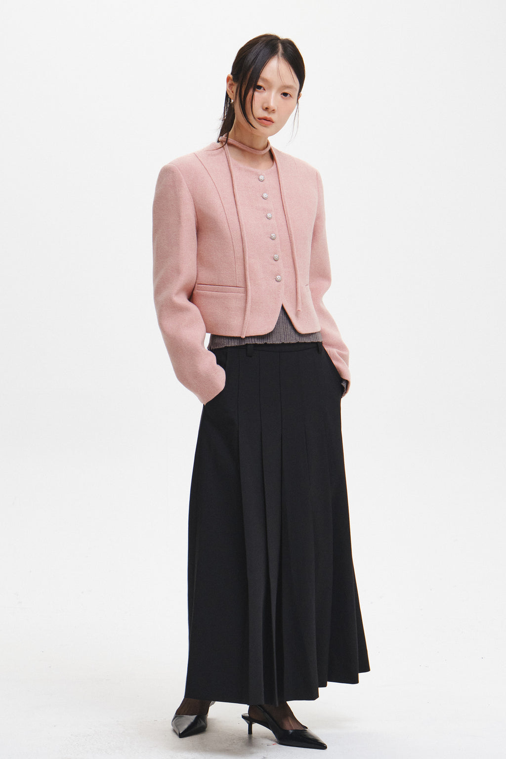 Women's Pink Wool Jacket Collarless Tie Front Short Coat