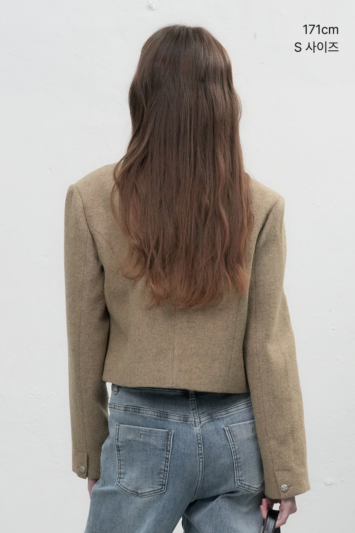 Women's Beige Collarless Wool Jacket with Waist Tie