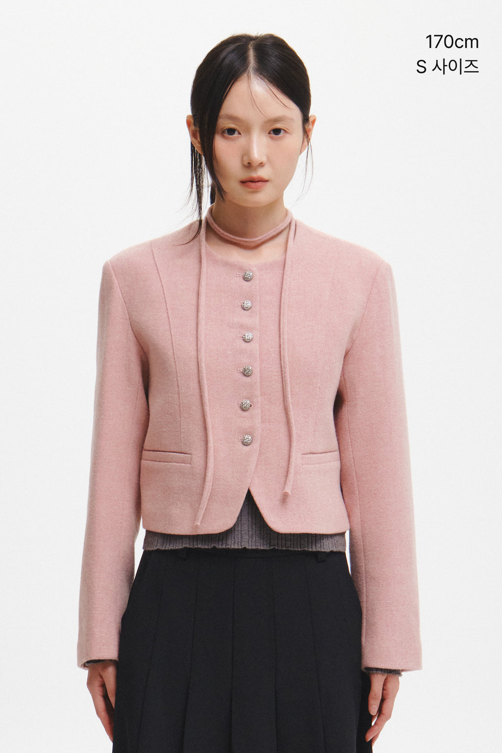 Women's Pink Wool Jacket Collarless Tie Front Short Coat