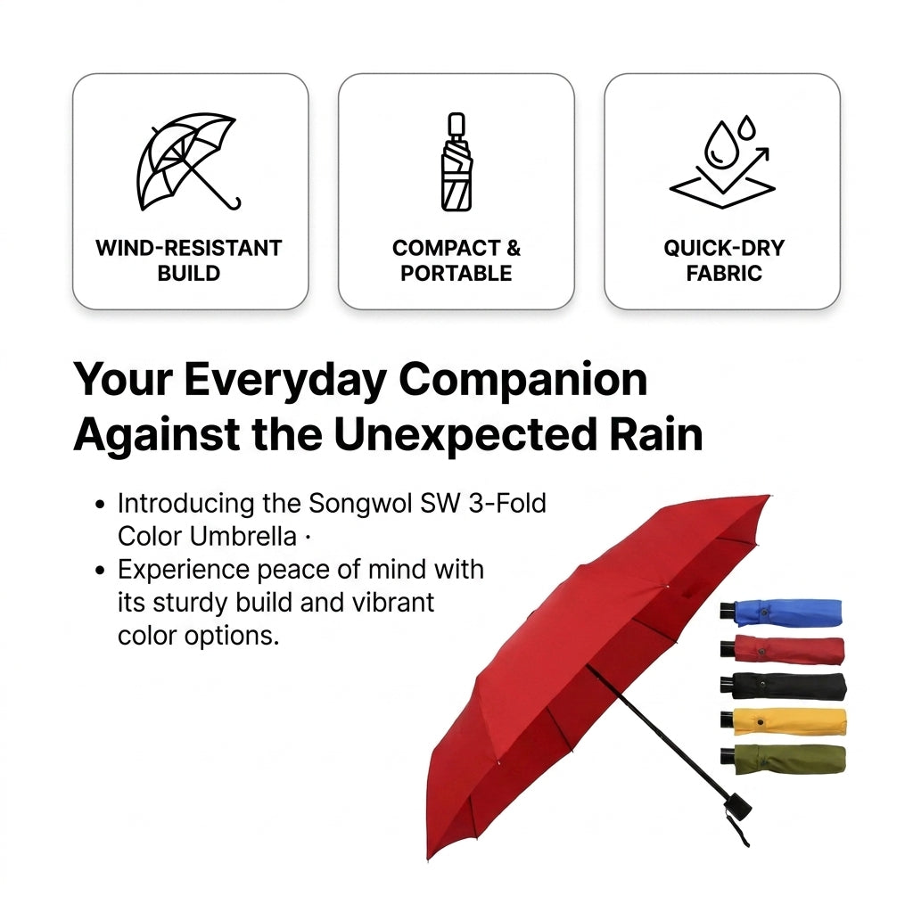 Songwol SW 3-Fold Plain Color Umbrella - Compact & Stylish (5 Colors)