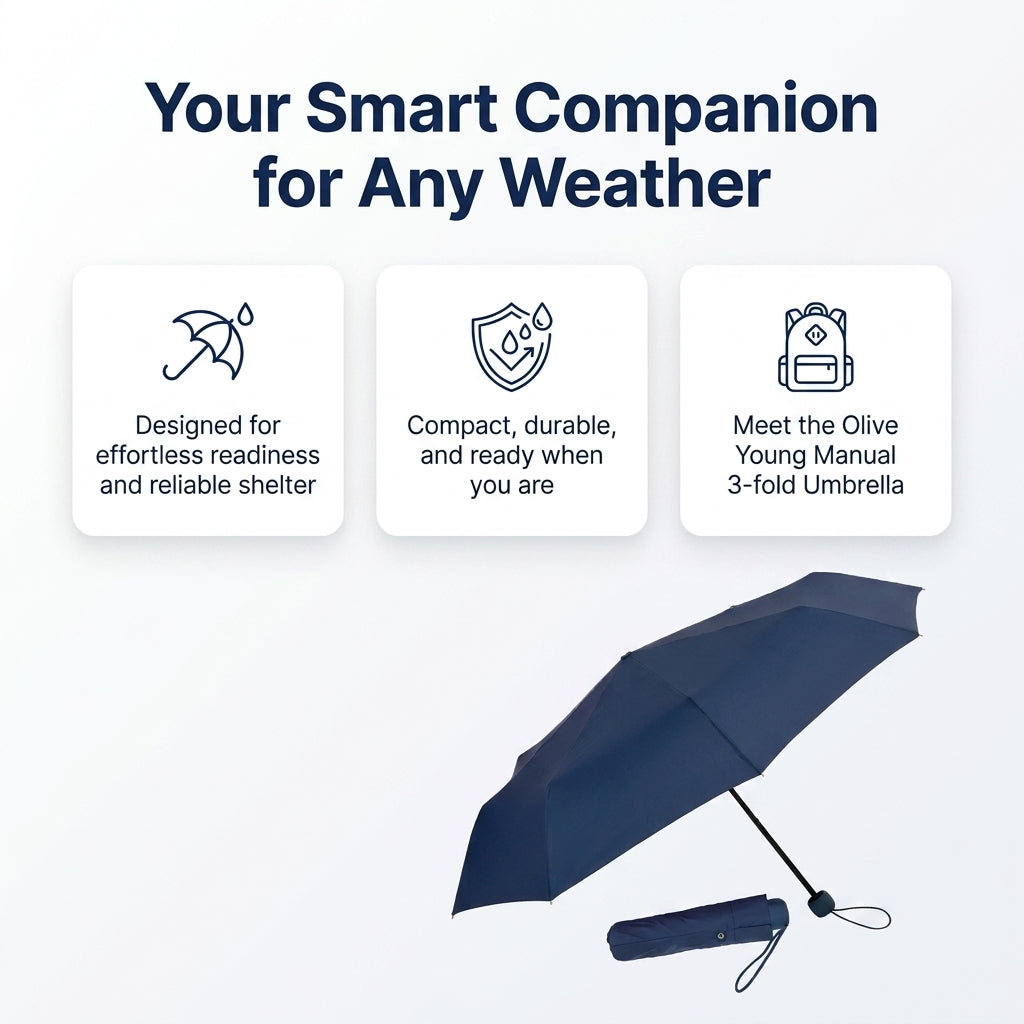 Olive Young Compact Navy Manual 3-Fold Umbrella