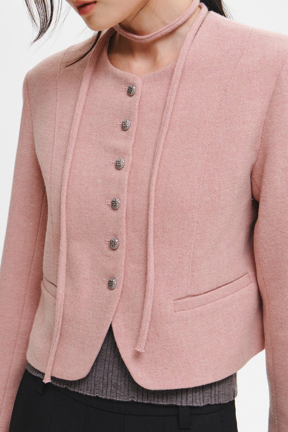 Women's Pink Wool Jacket Collarless Tie Front Short Coat
