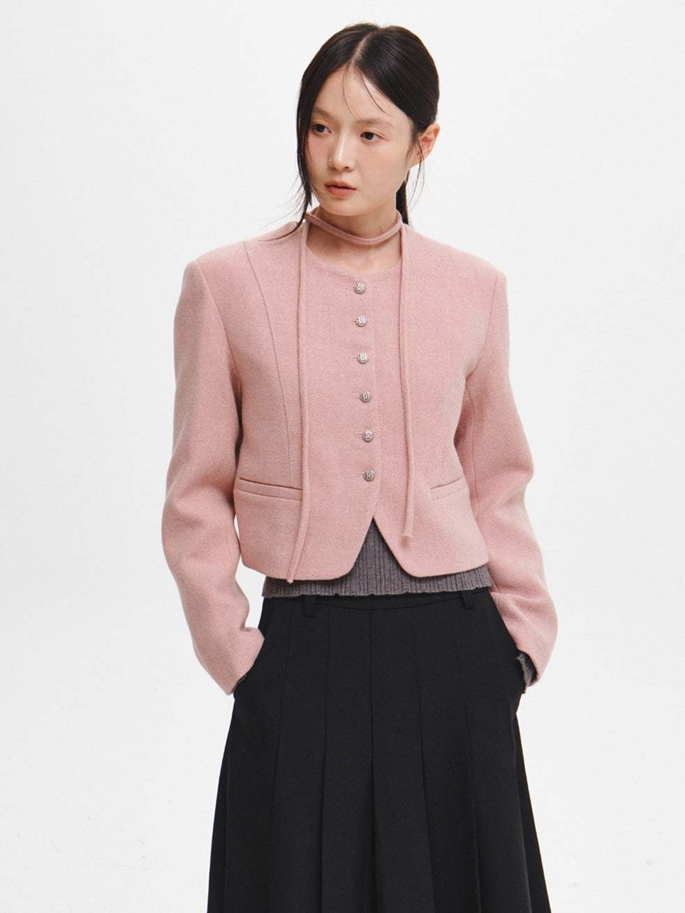 Women's Pink Wool Jacket Collarless Tie Front Short Coat