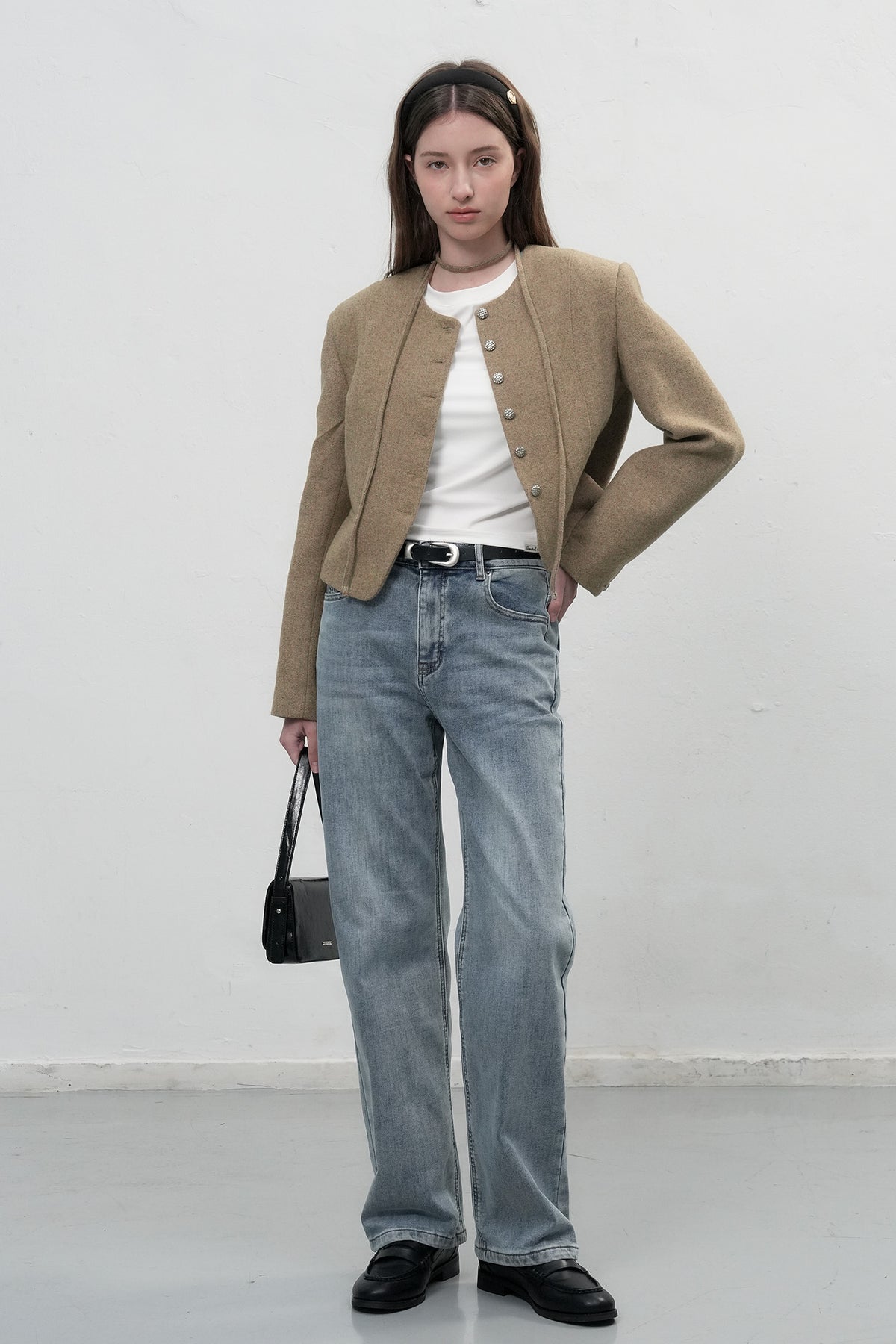 Women's Beige Collarless Wool Jacket with Waist Tie