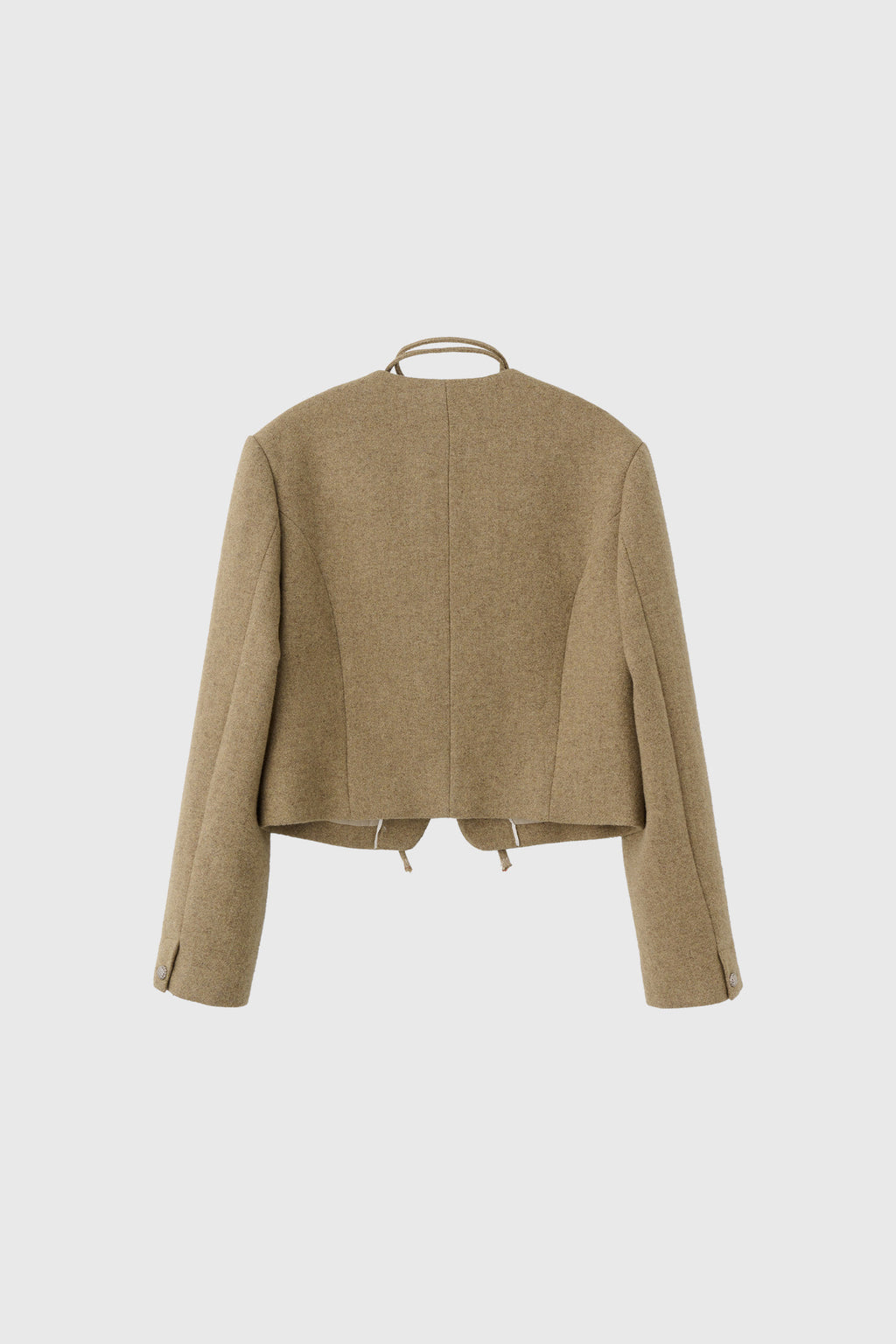 Women's Beige Collarless Wool Jacket with Waist Tie