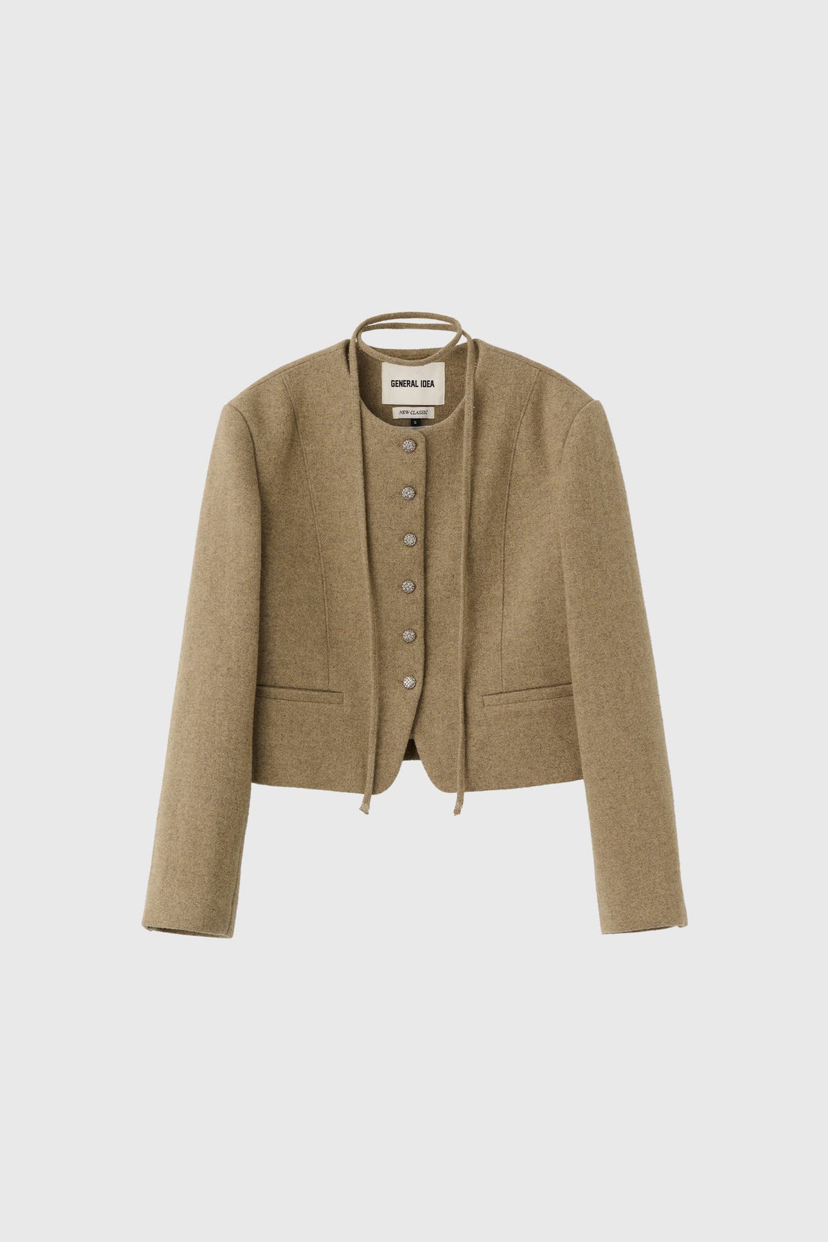 Women's Beige Collarless Wool Jacket with Waist Tie