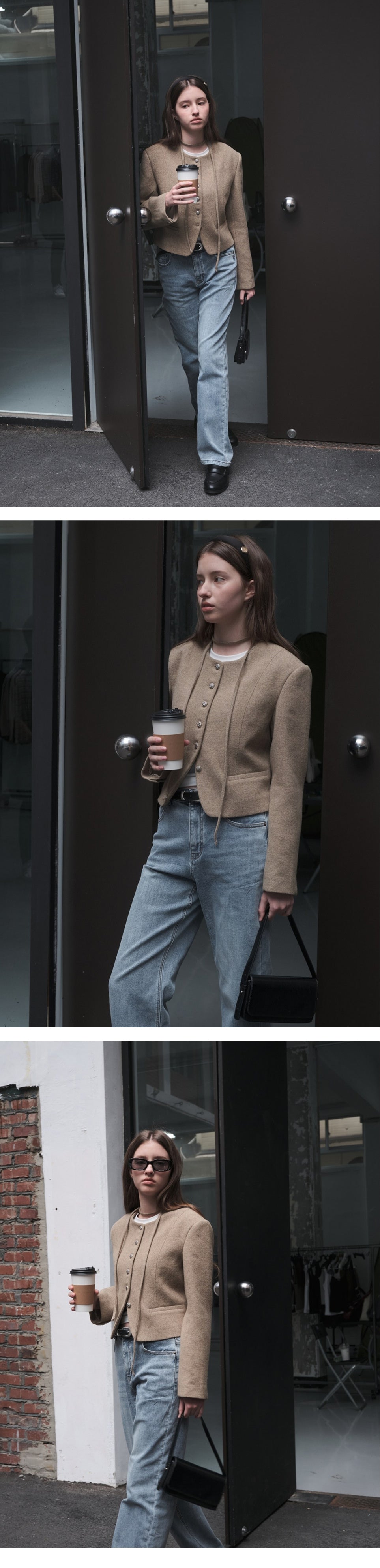Women's Beige Collarless Wool Jacket with Waist Tie