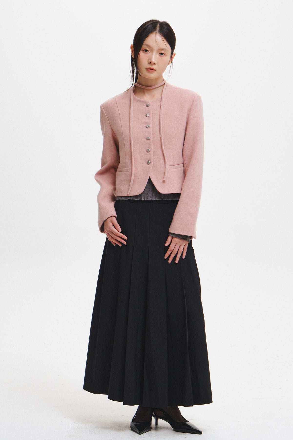 Women's Pink Wool Jacket Collarless Tie Front Short Coat