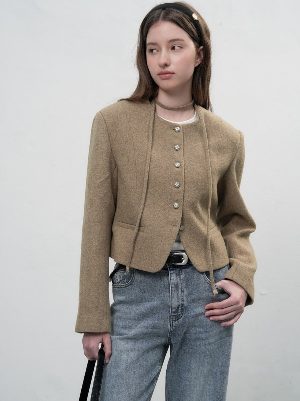 Women's Beige Collarless Wool Jacket with Waist Tie