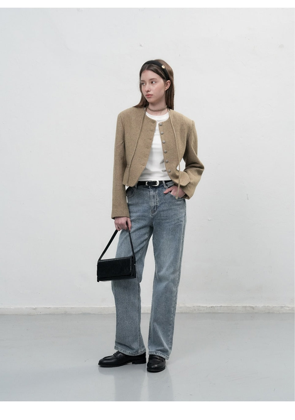Women's Beige Collarless Wool Jacket with Waist Tie