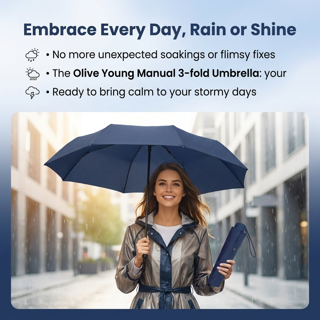 Olive Young Compact Navy Manual 3-Fold Umbrella