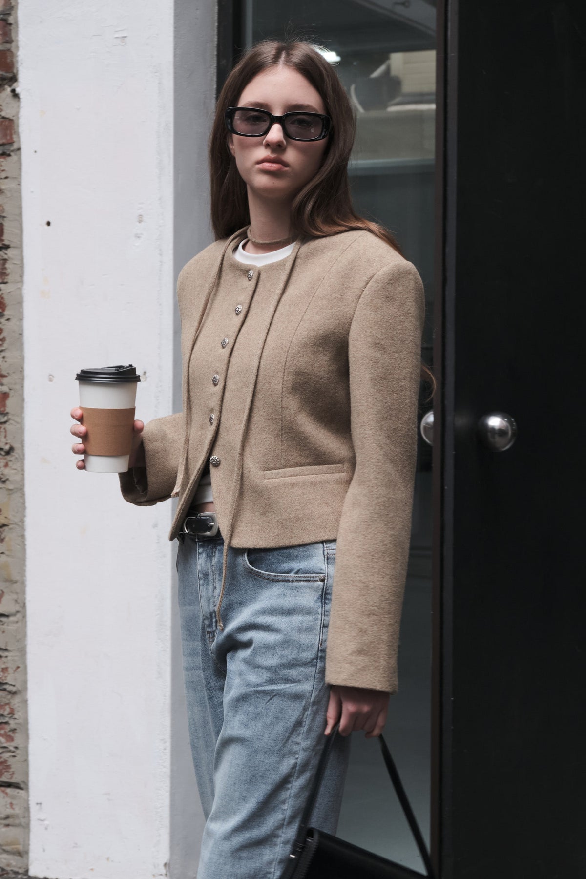 Women's Beige Collarless Wool Jacket with Waist Tie