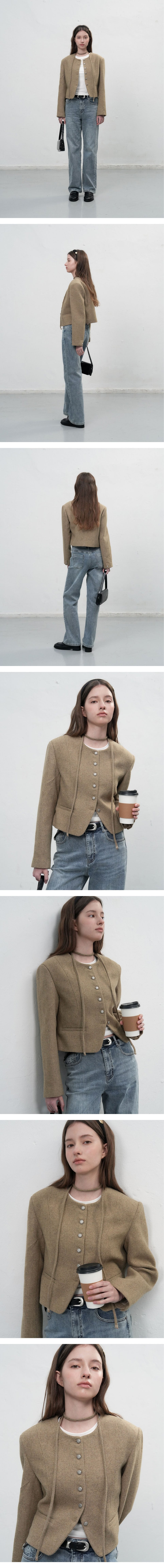 Women's Beige Collarless Wool Jacket with Waist Tie