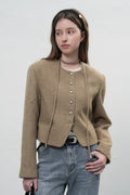 Women's Beige Collarless Wool Jacket with Waist Tie