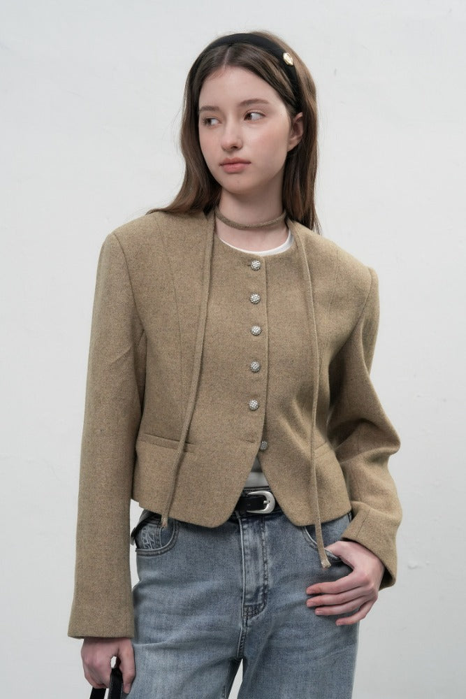 Women's Beige Collarless Wool Jacket with Waist Tie