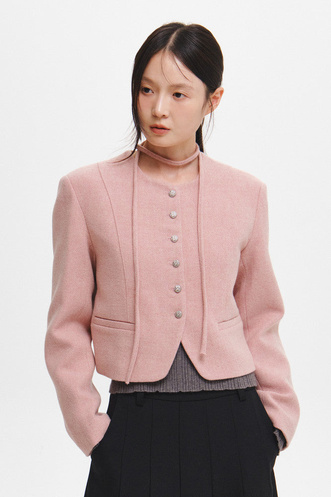 Women's Pink Wool Jacket Collarless Tie Front Short Coat