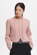 Women's Pink Wool Jacket Collarless Tie Front Short Coat