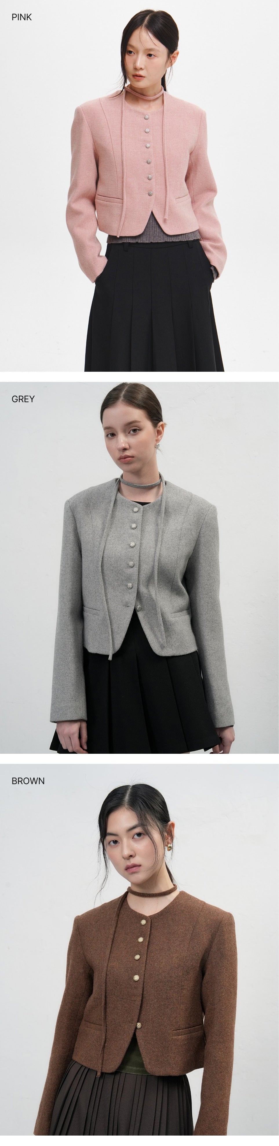 Women's Beige Collarless Wool Jacket with Waist Tie