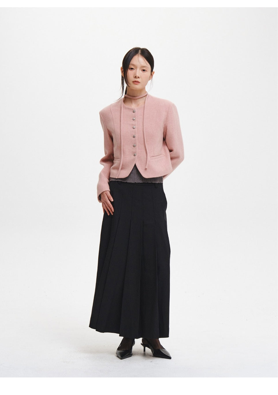 Women's Pink Wool Jacket Collarless Tie Front Short Coat
