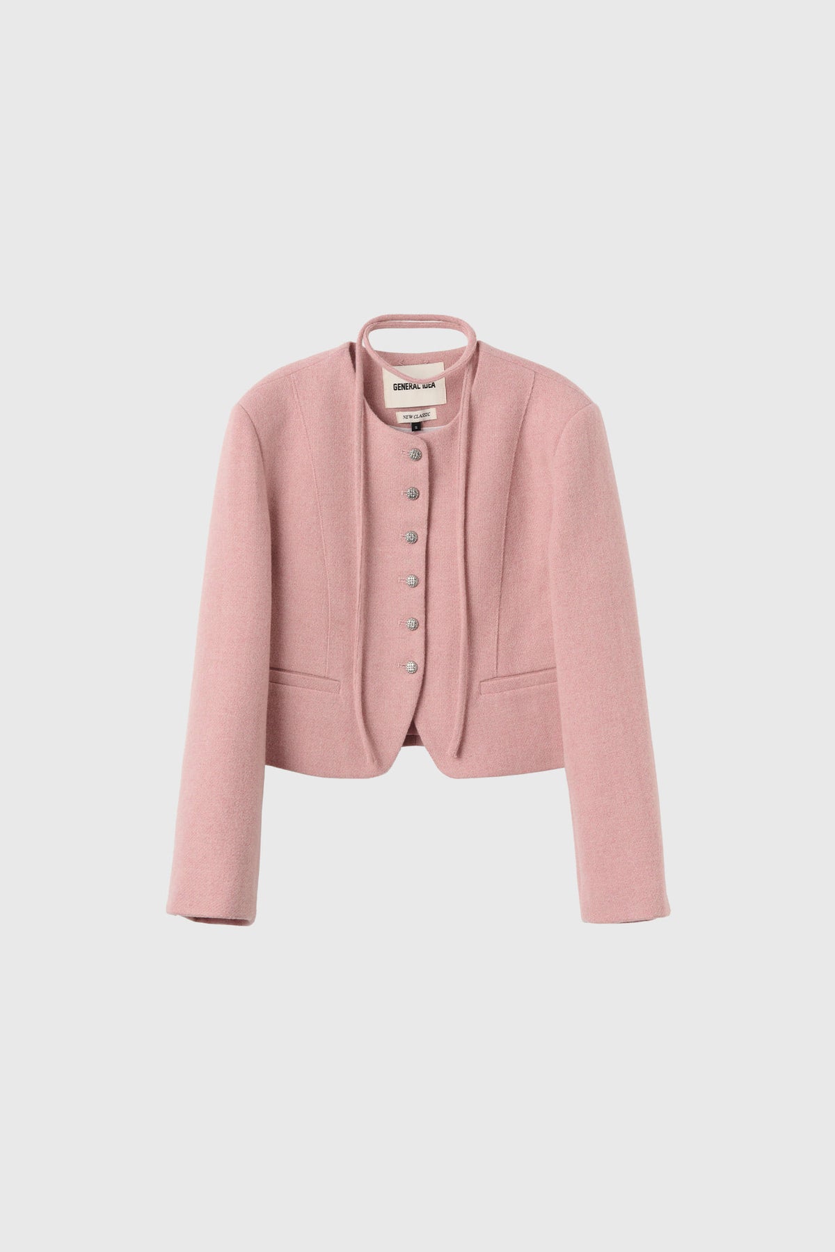 Women's Pink Wool Jacket Collarless Tie Front Short Coat